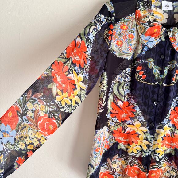 Cabi Black + Red Semi Sheer Amour Printed Long Sleeve Collared Blouse Small - Picture 3 of 9